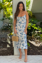 Ivory And Blue Floral Cowl Neck Midi Dress