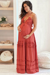 Brick Maternity V Neck Maxi Dress