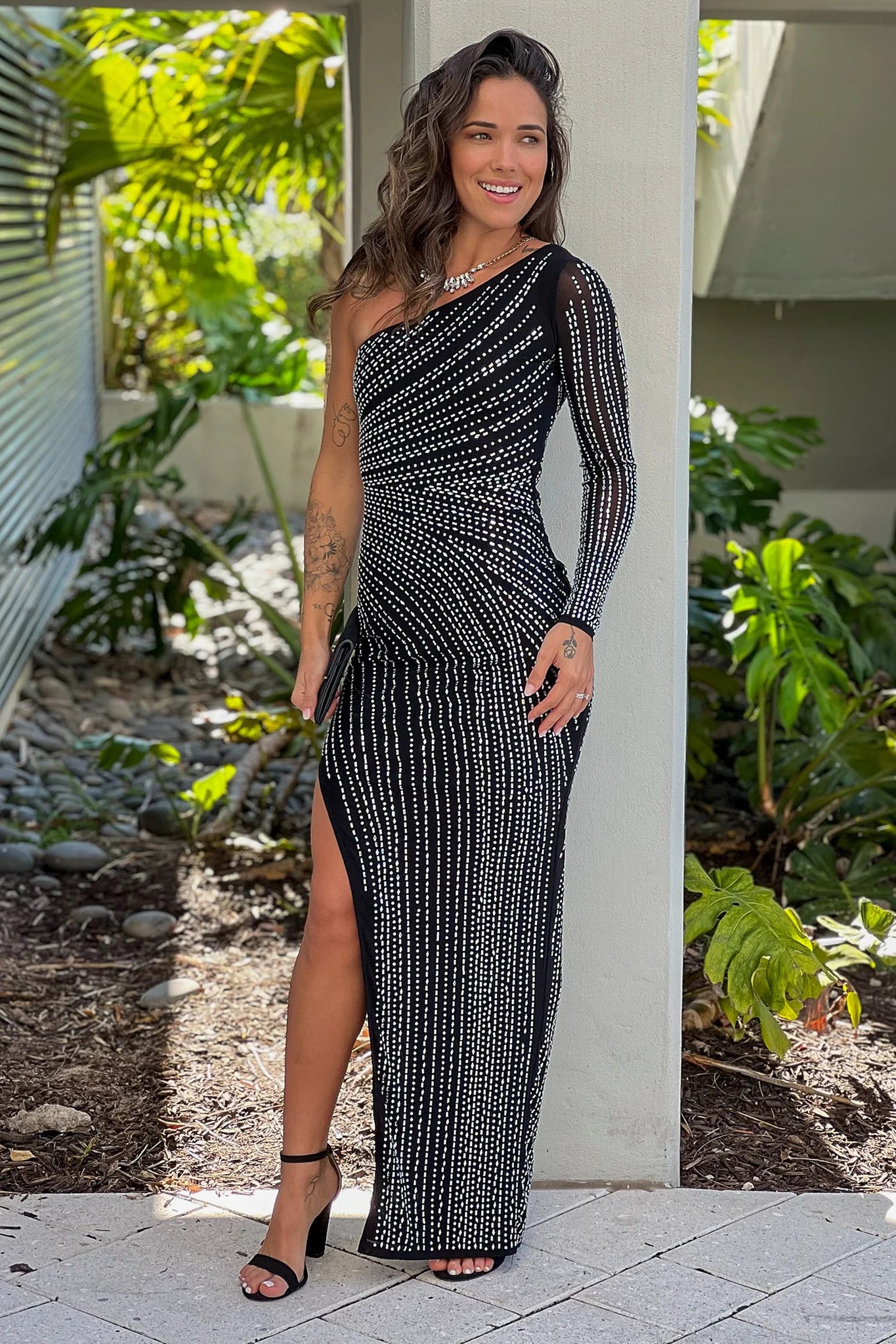 Black Embellished One Shoulder Maxi Dress With Slit