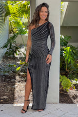 Black Embellished One Shoulder Maxi Dress With Slit