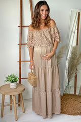 Champagne Off Shoulder Maternity Maxi Dress