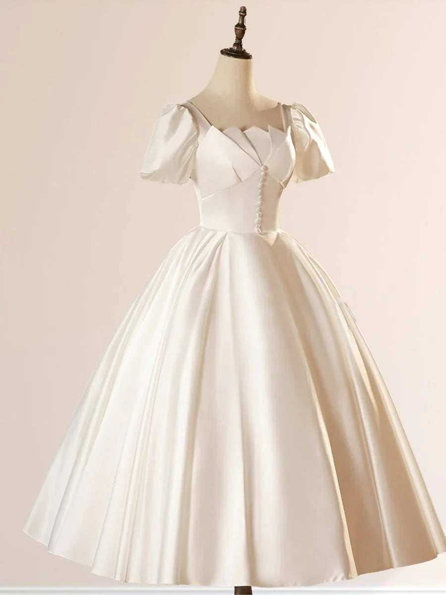 White Satin Square Neck Short Sleeve Lace Up Wedding Dress