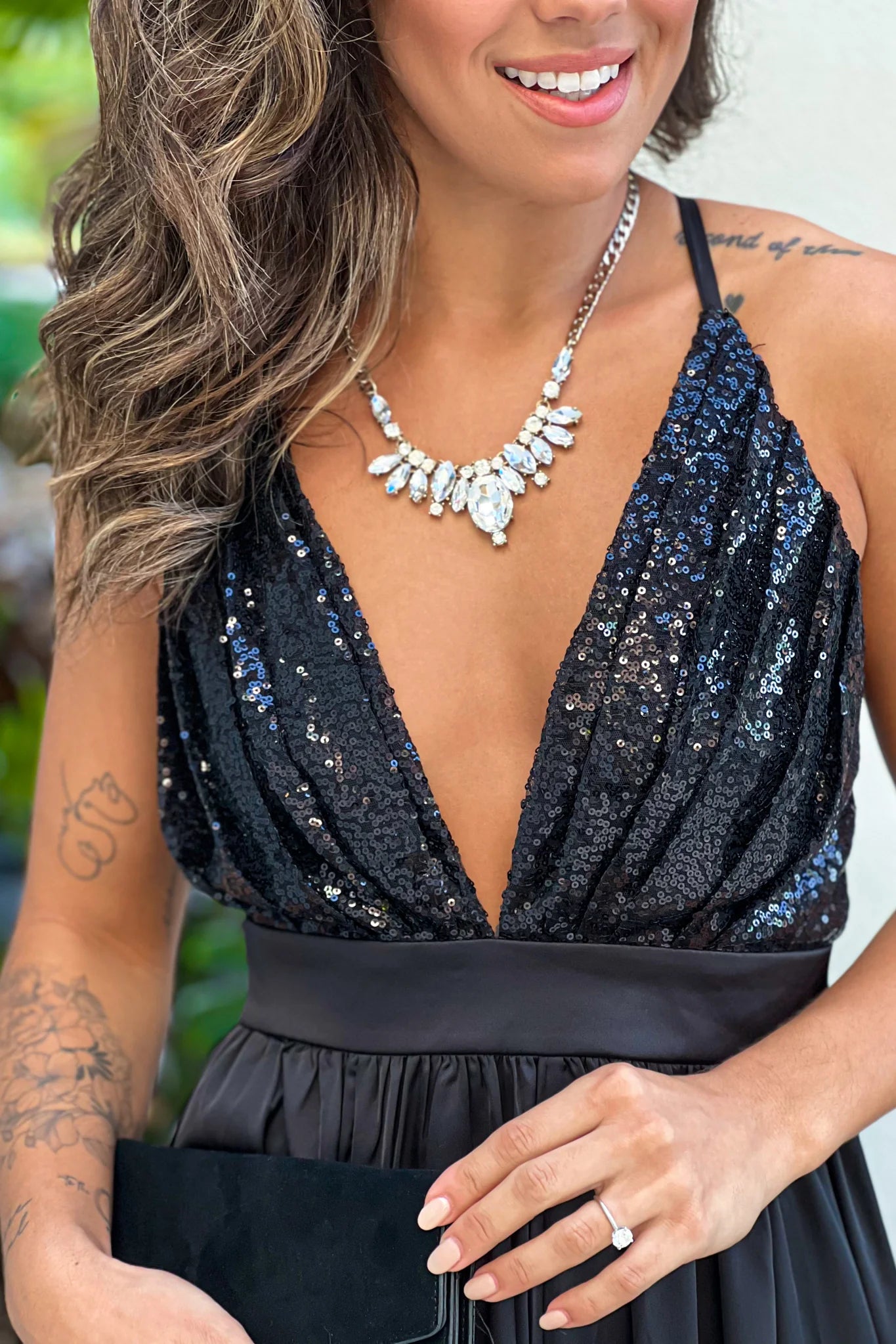 Black V Neck Sequin Top Maxi Dress