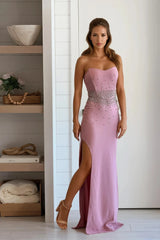 Light Rose Strapless Rhinestone Maxi Dress With Slit