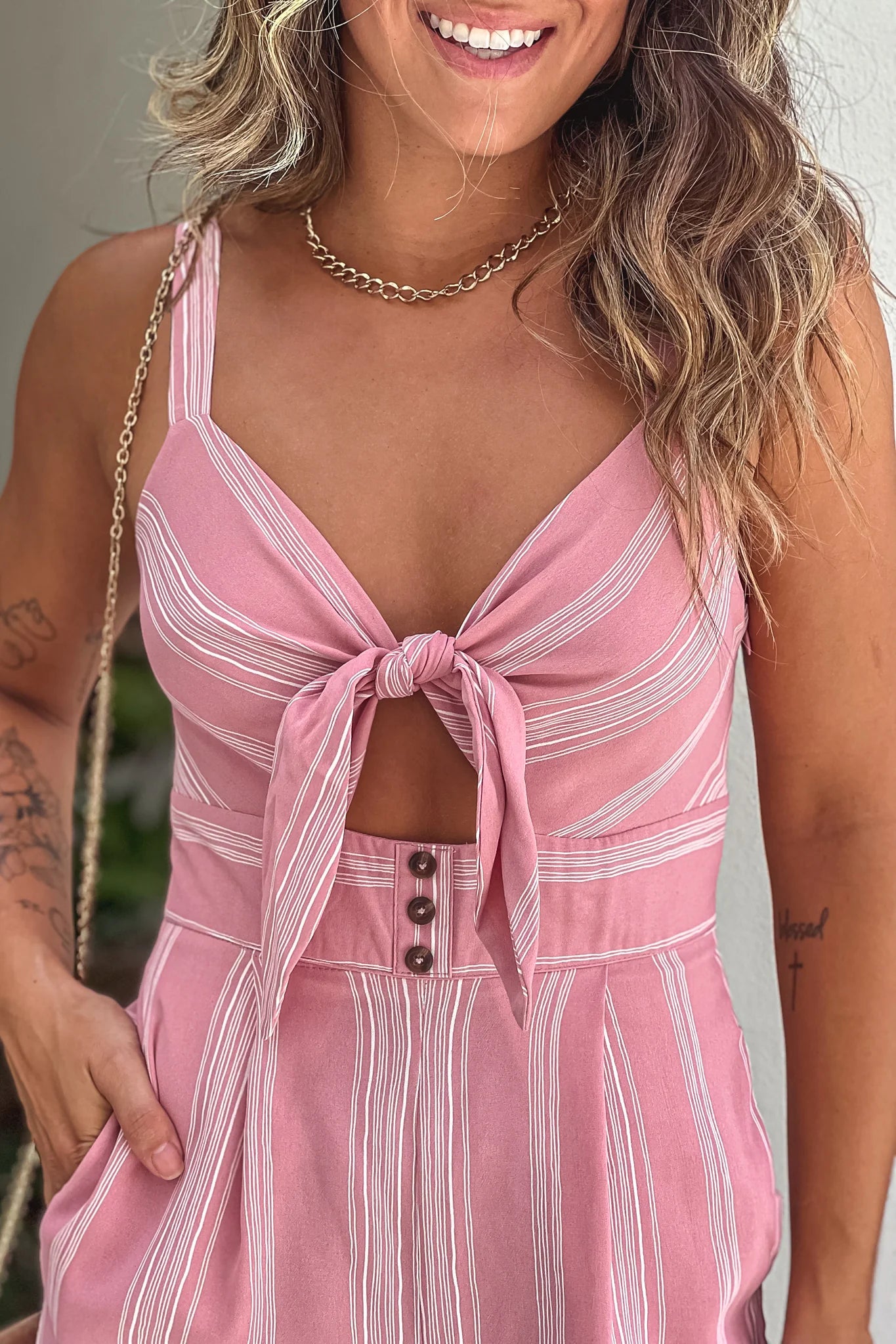 Blush Striped Jumpsuit With Tie Front
