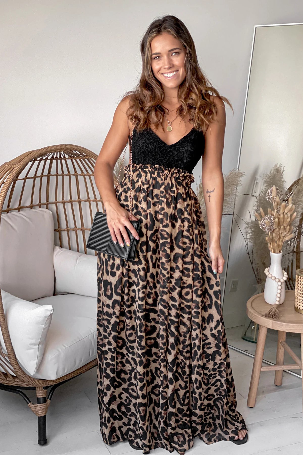 Leopard Maxi Dress With Black Crochet Top