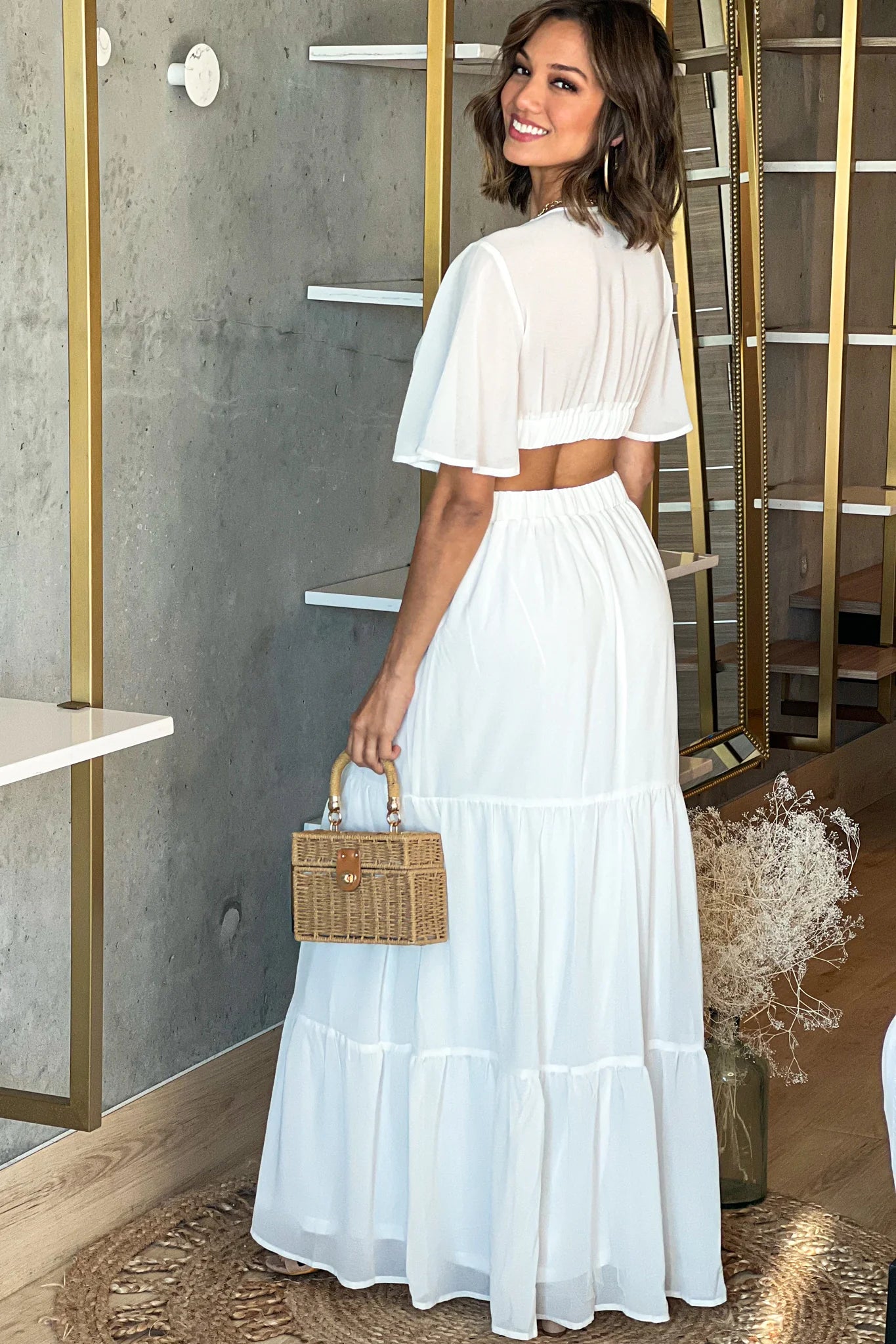 Off White V Neck Maxi Dress with Open Back