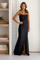 Black Pleated Cowl Neck Maxi Dress