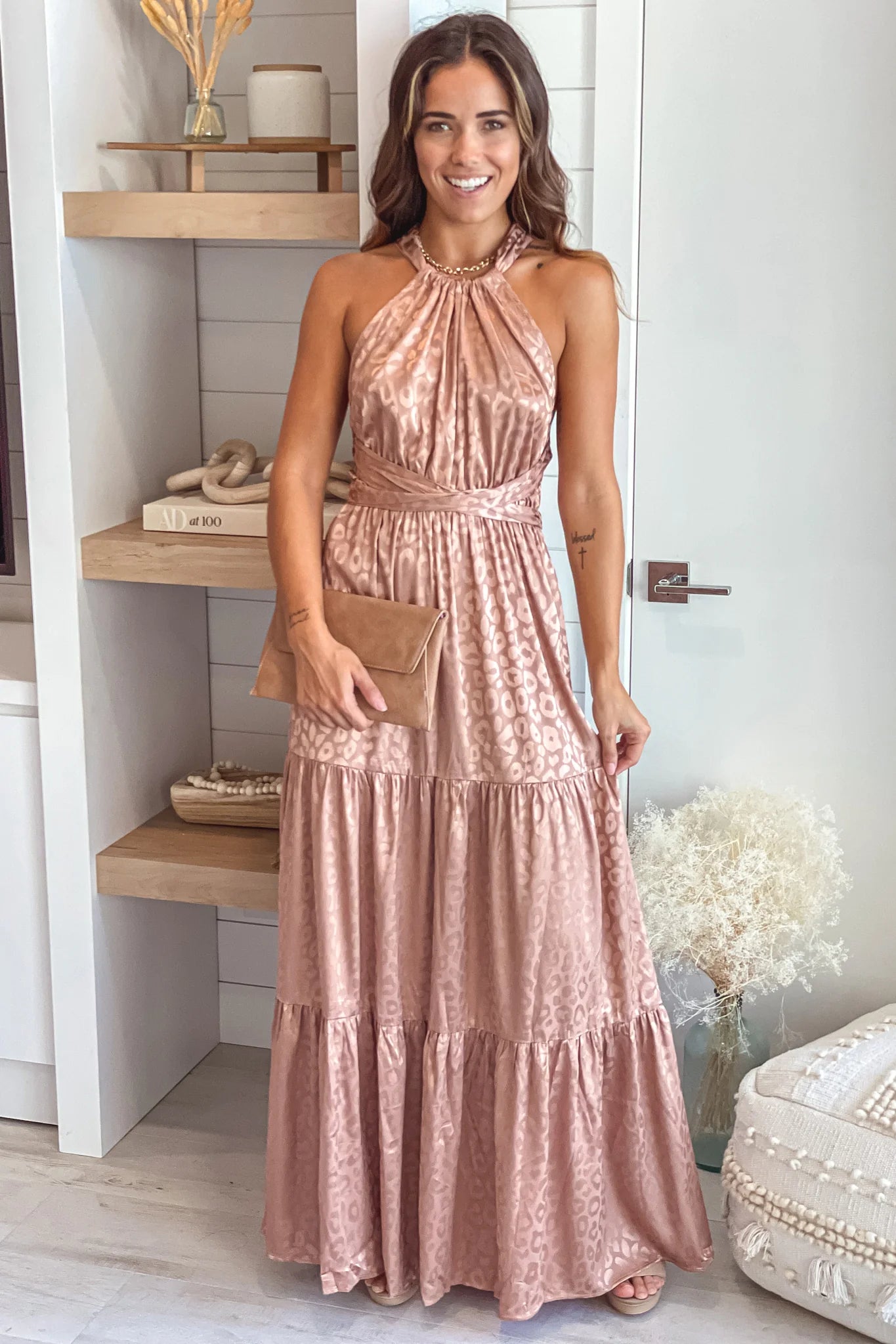 Champagne Animal Print Satin Maxi Dress With Open Back