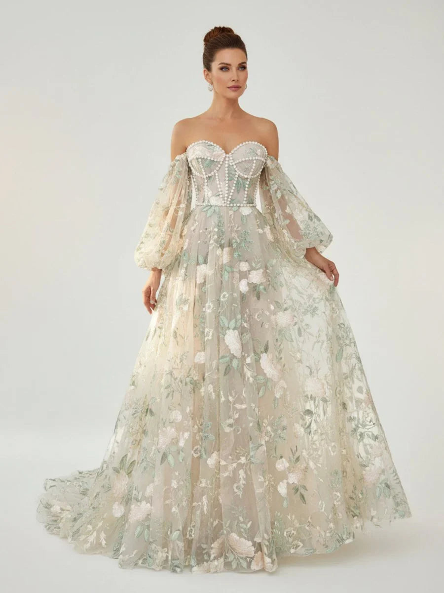 A Line Light Green Sweetheart Pearl Wedding Dress