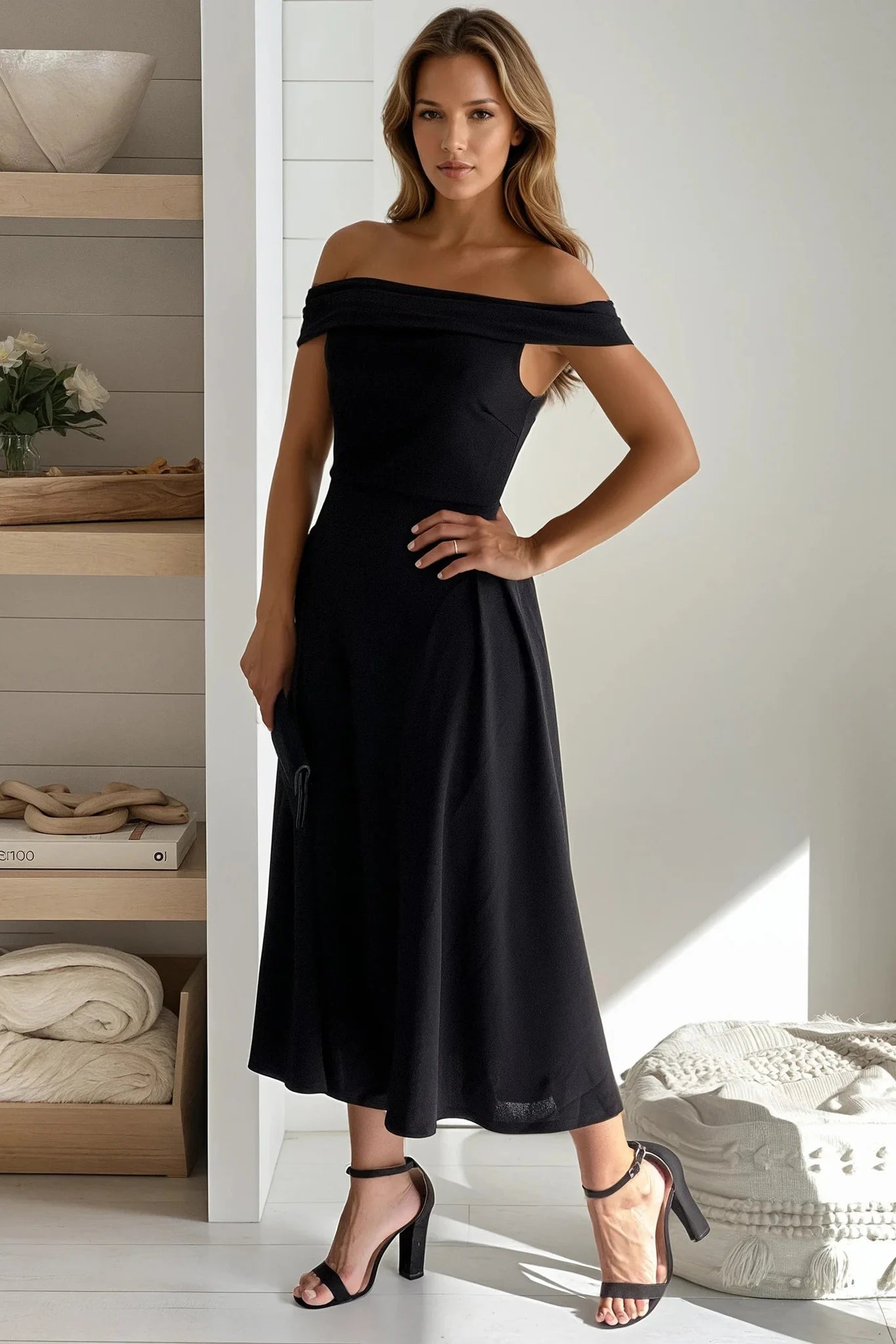 Black Off Shoulder Pleated Flare Midi Dress