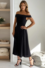 Black Off Shoulder Pleated Flare Midi Dress