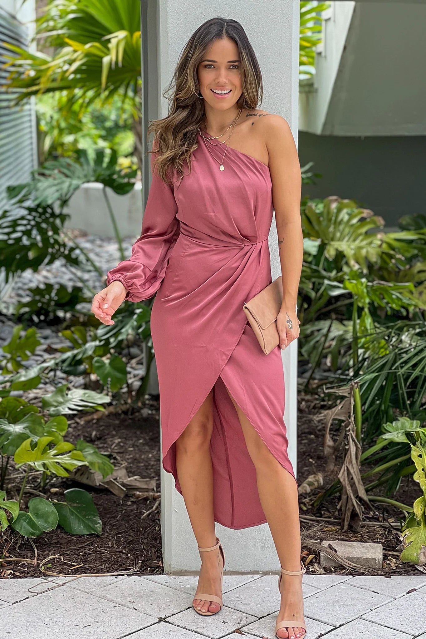 Mauve One Shoulder Satin Midi Dress