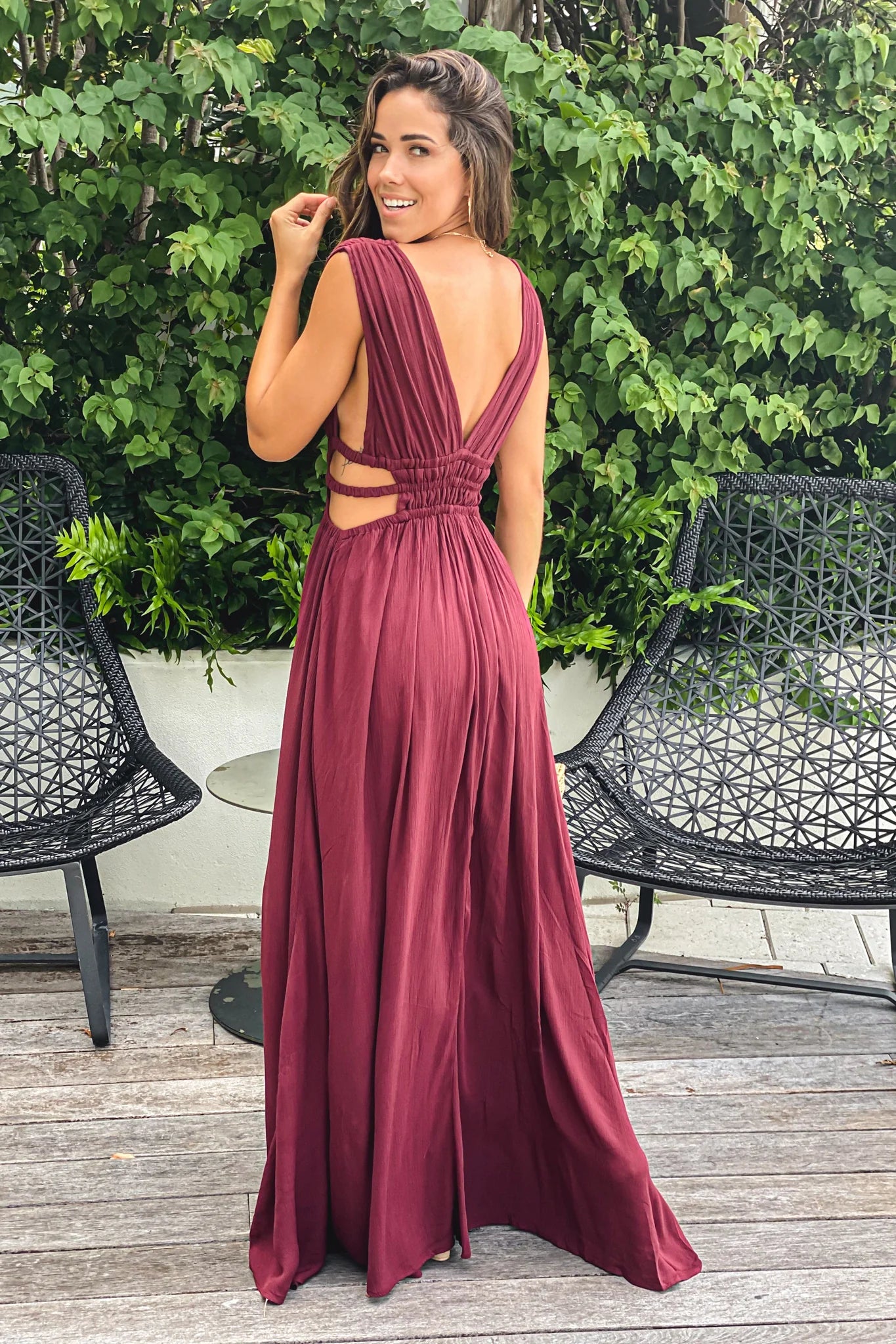 Wine V Neck Maxi Dress With Cut Out And Slit