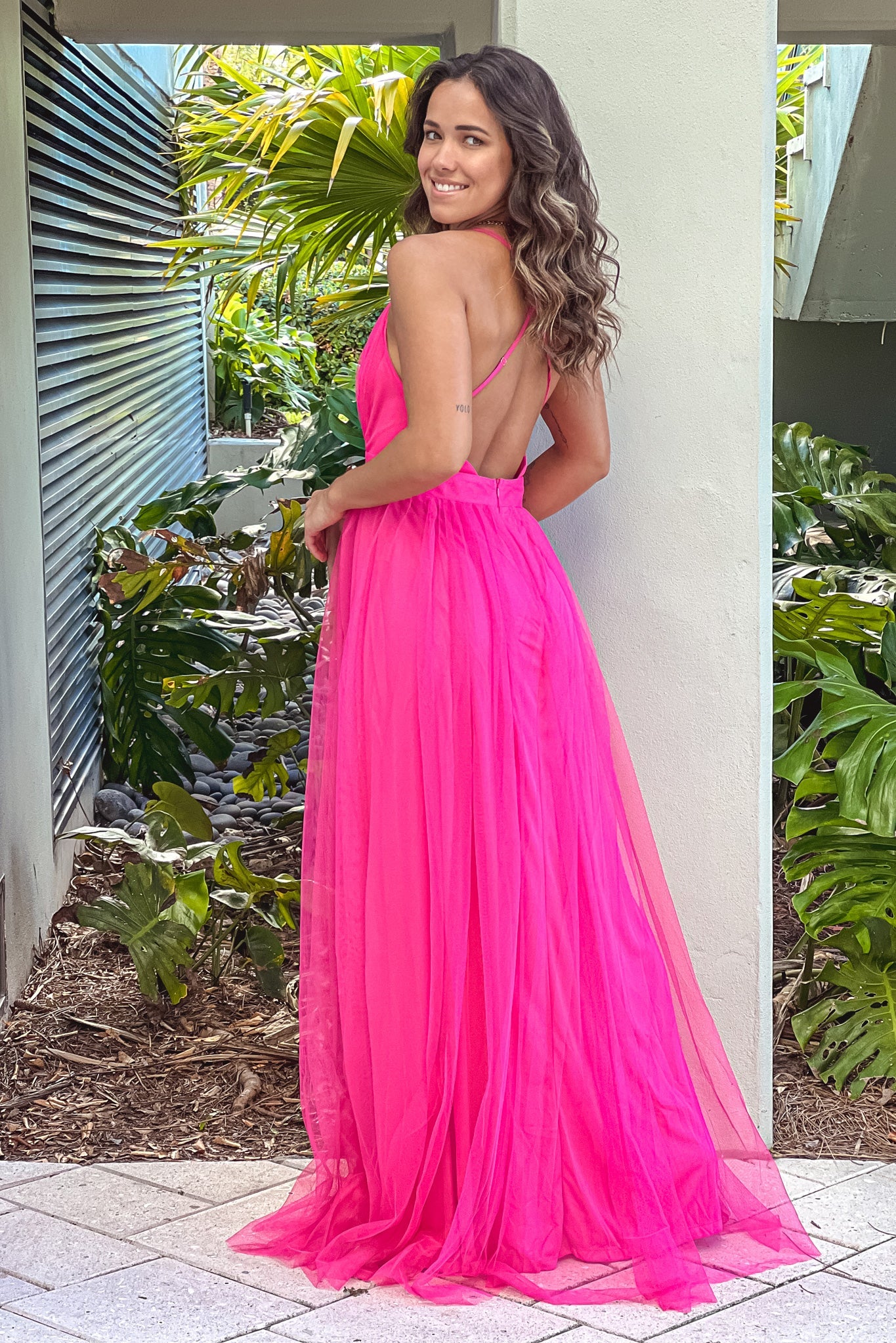 Hot Pink Mesh V Neck Maxi Dress