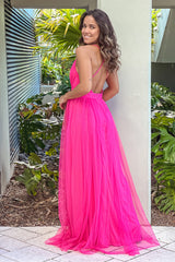 Hot Pink Mesh V Neck Maxi Dress