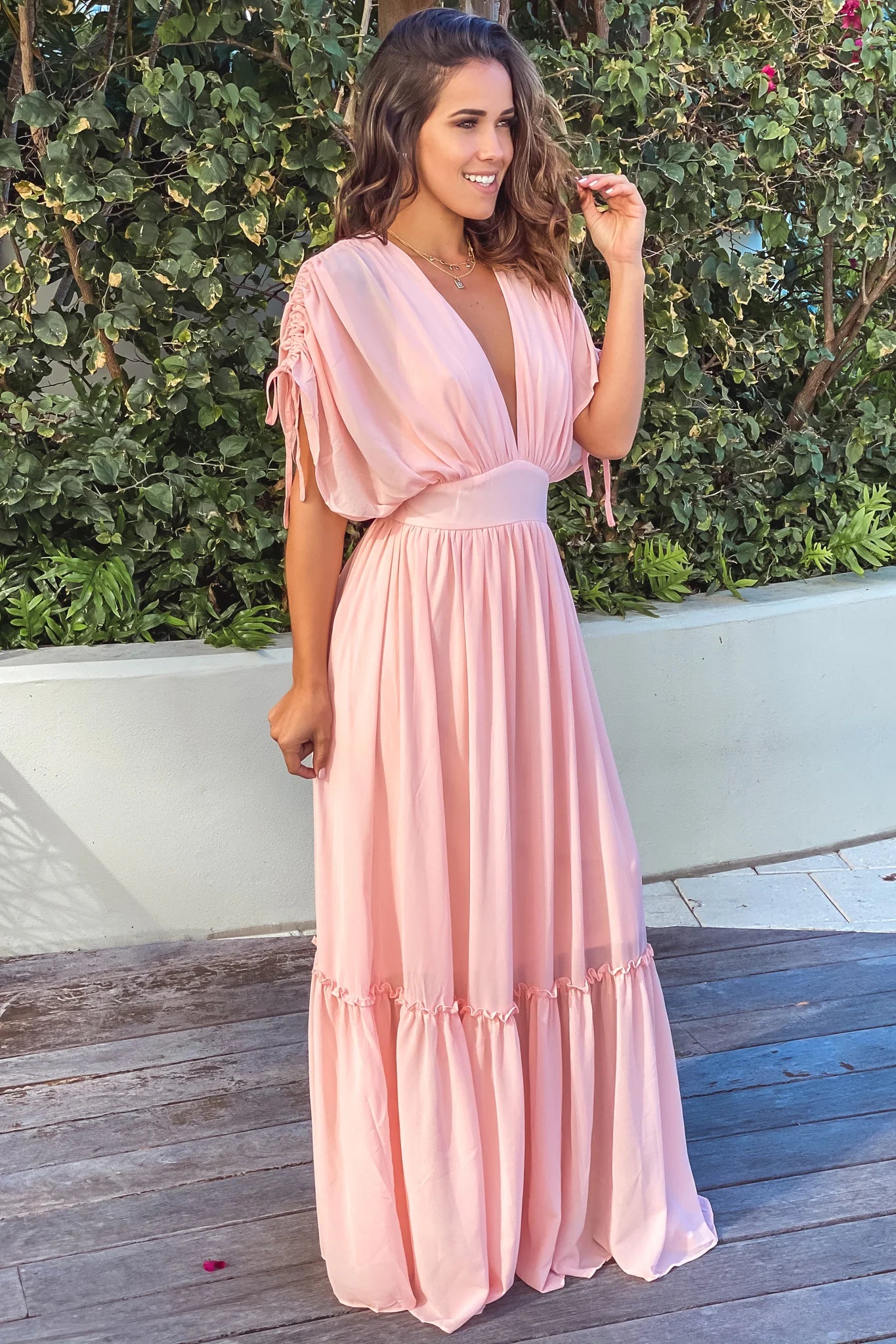 Pink V Neck Maxi Dress with Dolman Sleeves