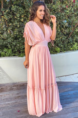 Pink V Neck Maxi Dress with Dolman Sleeves