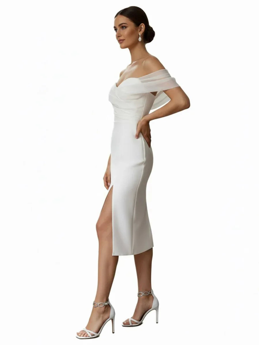 Sheath Off The Shoulder Sleeveless Tea Length Wedding Dresses