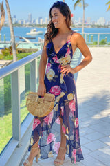 Navy Floral Ruffled Wrap Front Maxi Dress