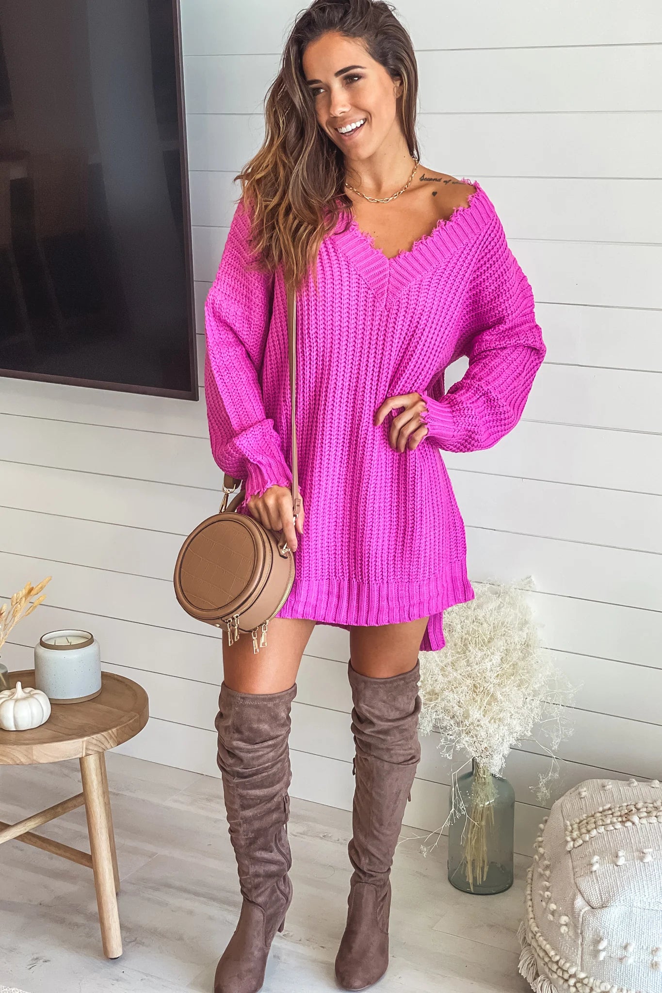 Raspberry Rose Frayed V Neck Sweater Dress