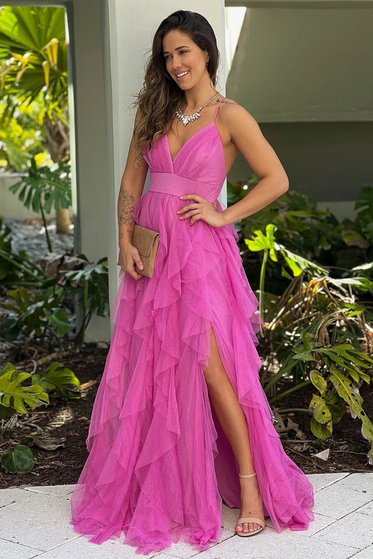 Pink Mesh Ruffled Maxi Dress With Slit