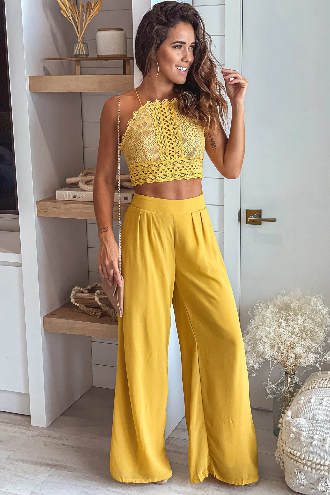 Mustard Pants And Lace Top Set