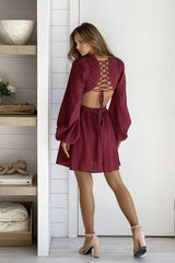 Burgundy Lace Up Back Mini Dress