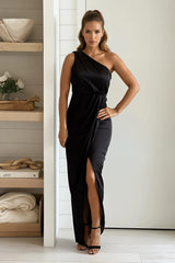 Black One Shoulder Satin Maxi Dress