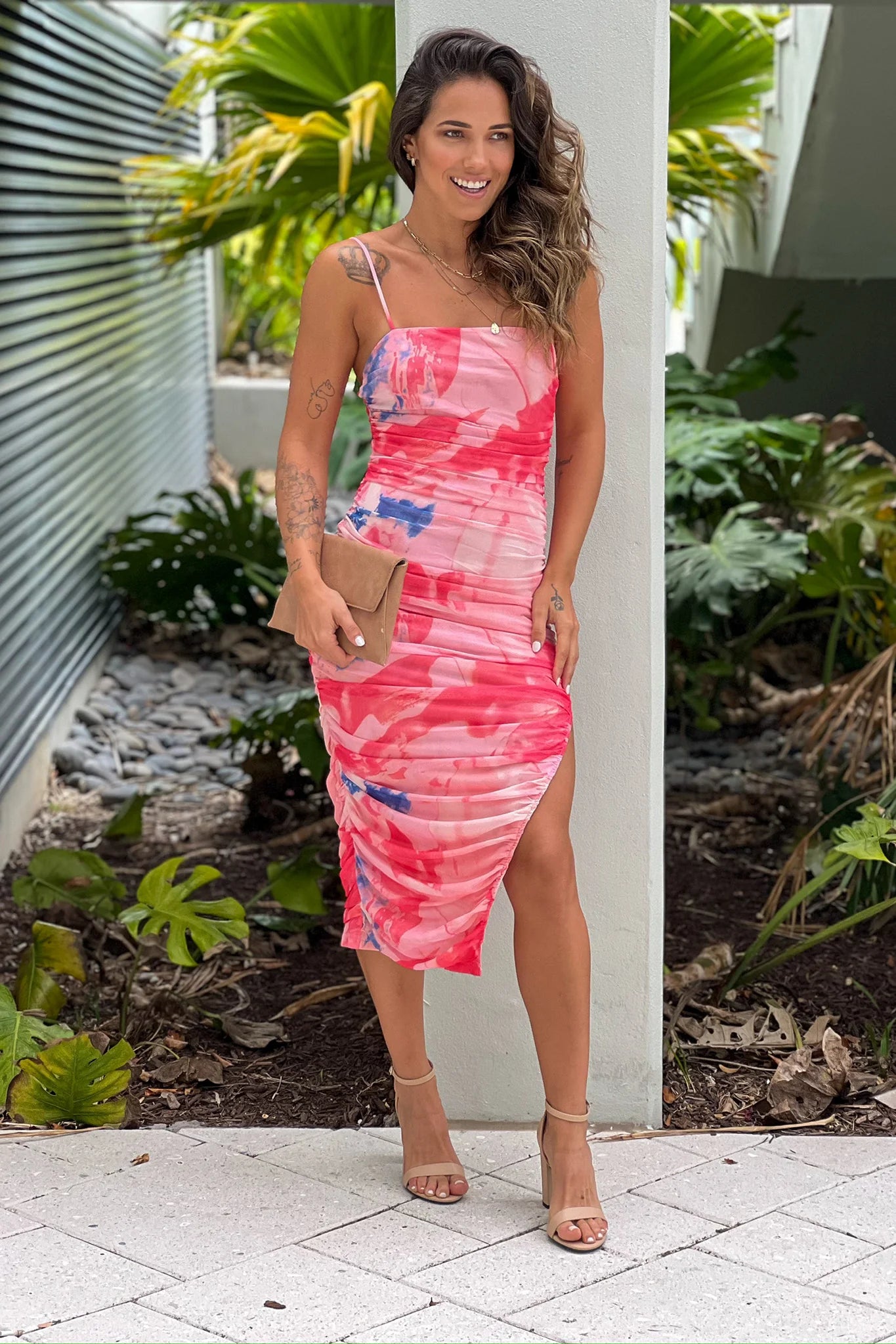 Pink Printed Mesh Ruched Midi Dress With Slit