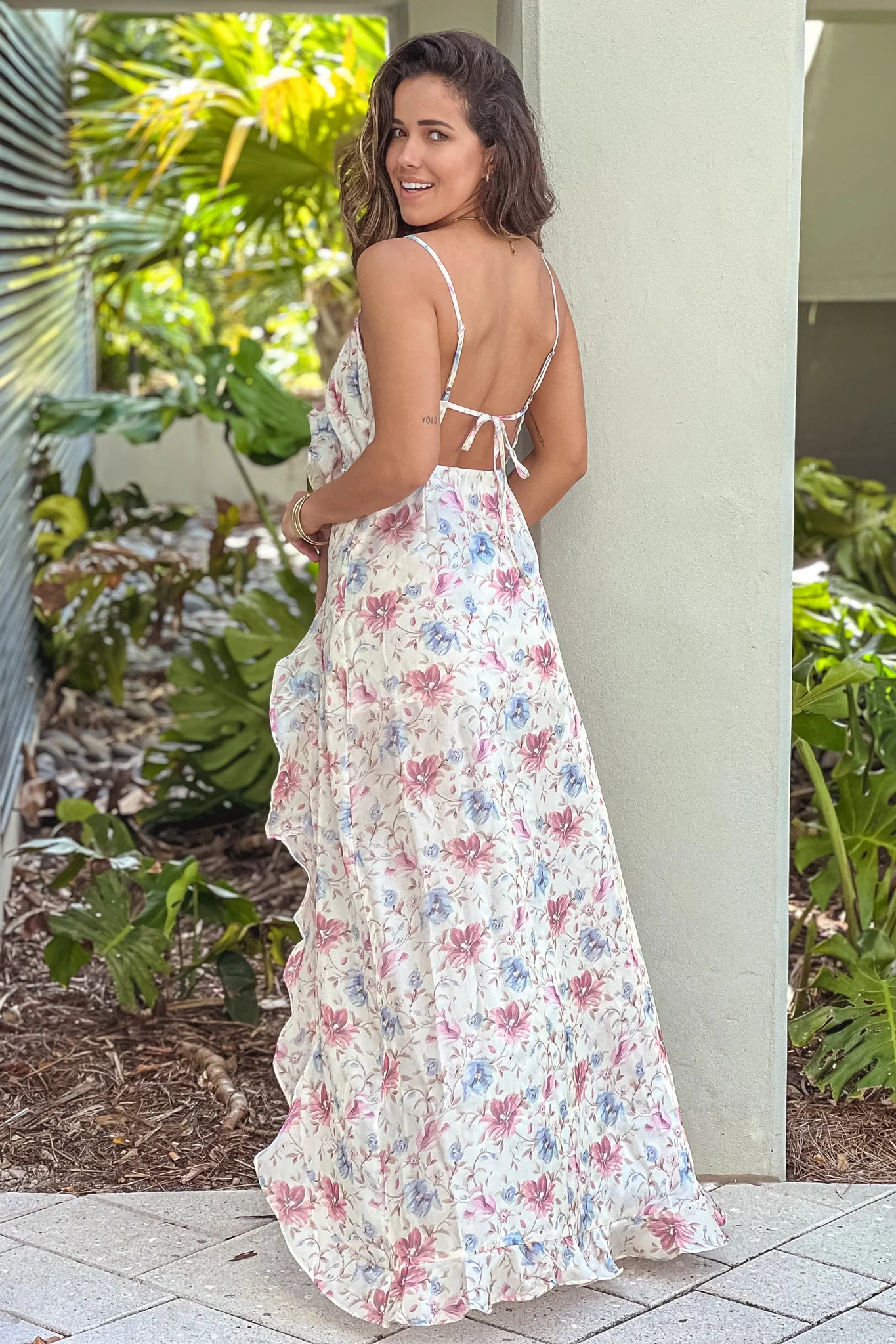 White Floral Satin Ruffled Dress