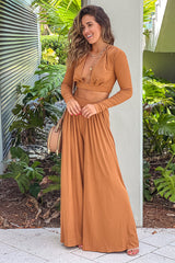 Camel V Neck Top And Pants Set