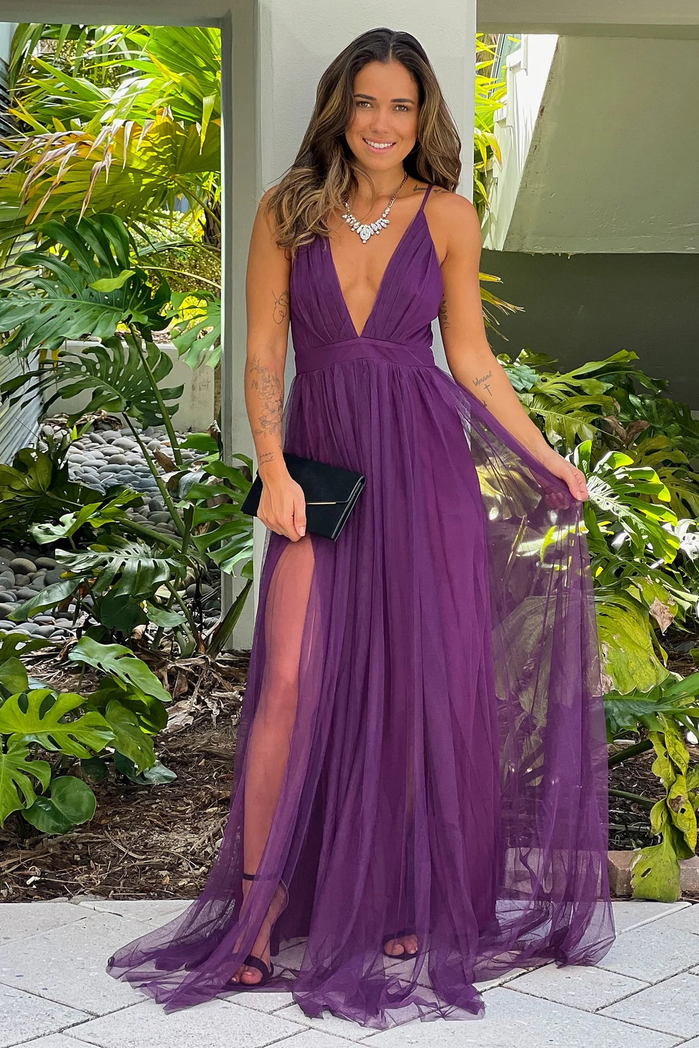 Eggplant V Neck Tulle Maxi Dress with Criss Cross Back