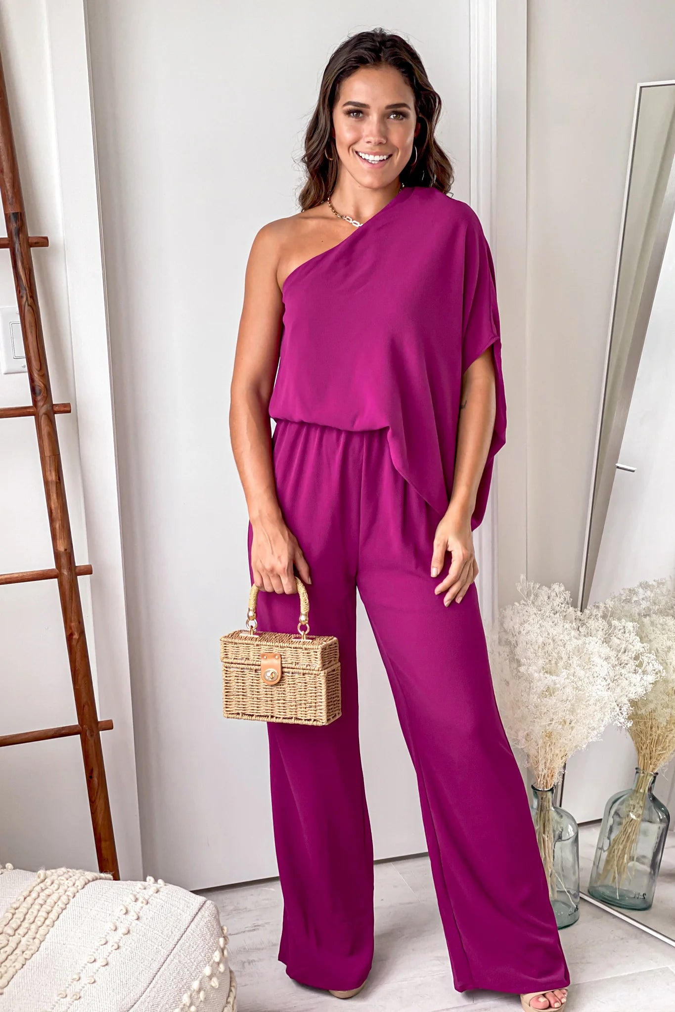 Magenta One Shoulder 3 4 Sleeve Jumpsuit