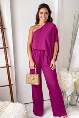 Magenta One Shoulder 3 4 Sleeve Jumpsuit
