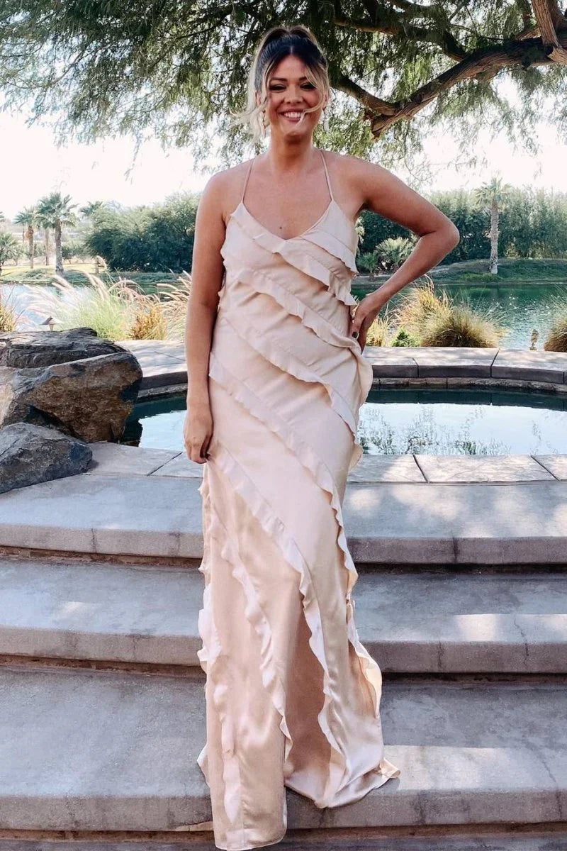 Straps Sheath Champagne Ruffle Maxi Bridesmaid Dress