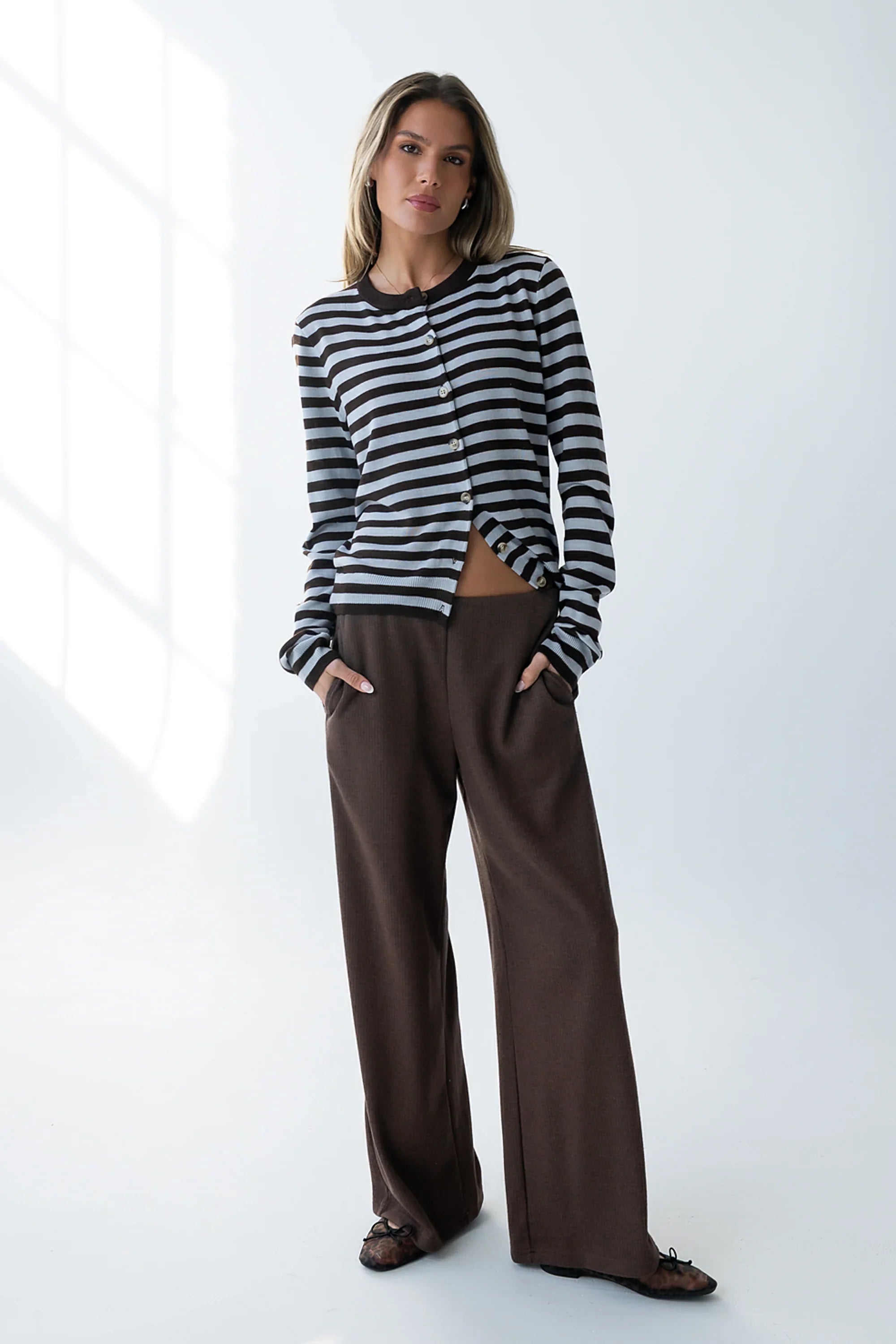 Ronda Ribbed Wide Leg Pants in Brown