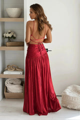 Red Metallic Strappy Maxi Dress With Slit