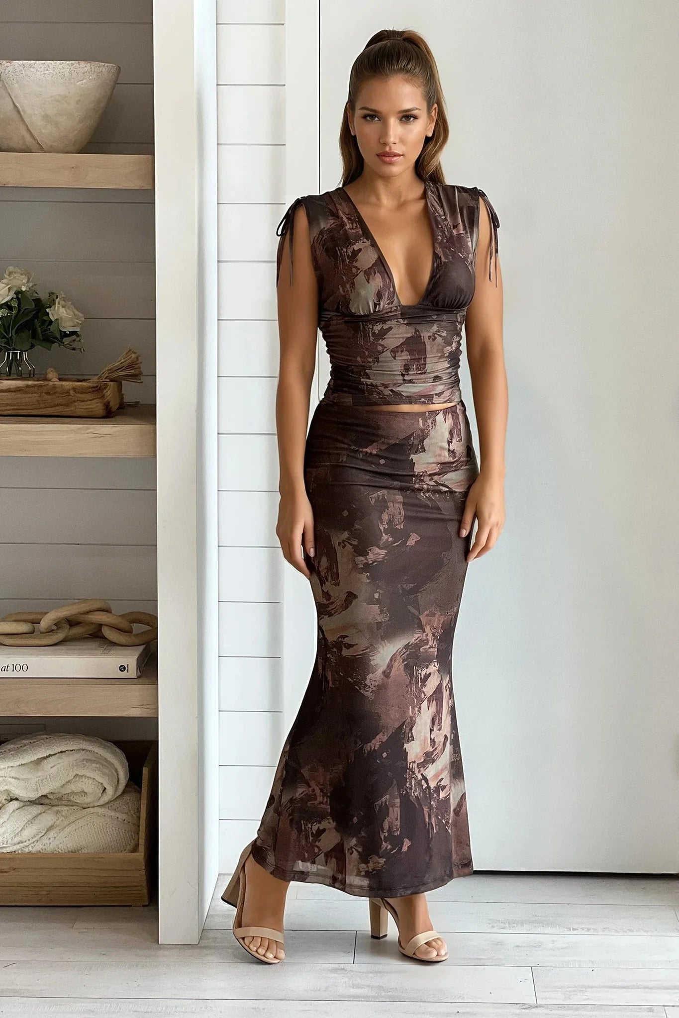 Brown Two Piece Ruched Top And Maxi Skirt Set