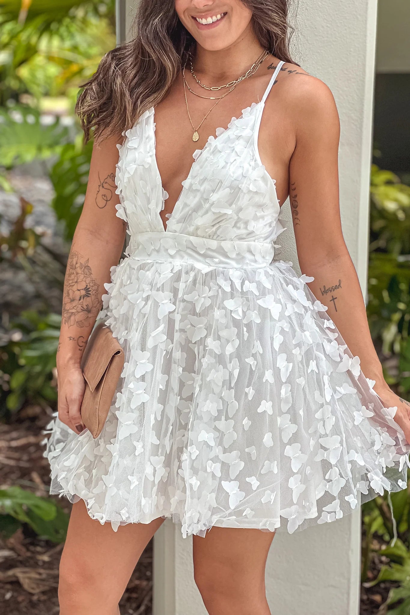 Off White Butterfly Mesh Short Dress