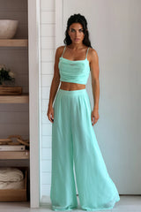 Mint Cowl Neck Top And Wide Leg Pants Set