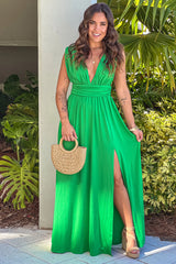 Kelly Green V Neck Maxi Dress With Slit