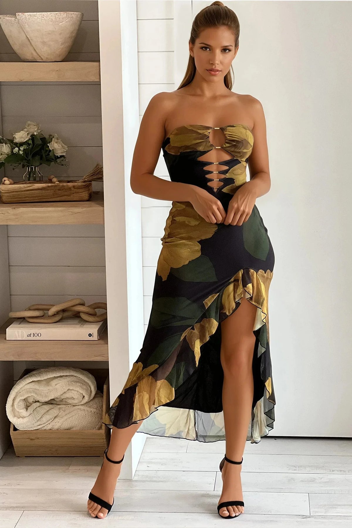 Black Floral Ruffled Slit Dress
