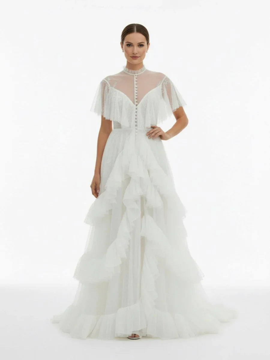 High Split A Line See through Short Sleeves Ruffle Tulle Wedding Dresses