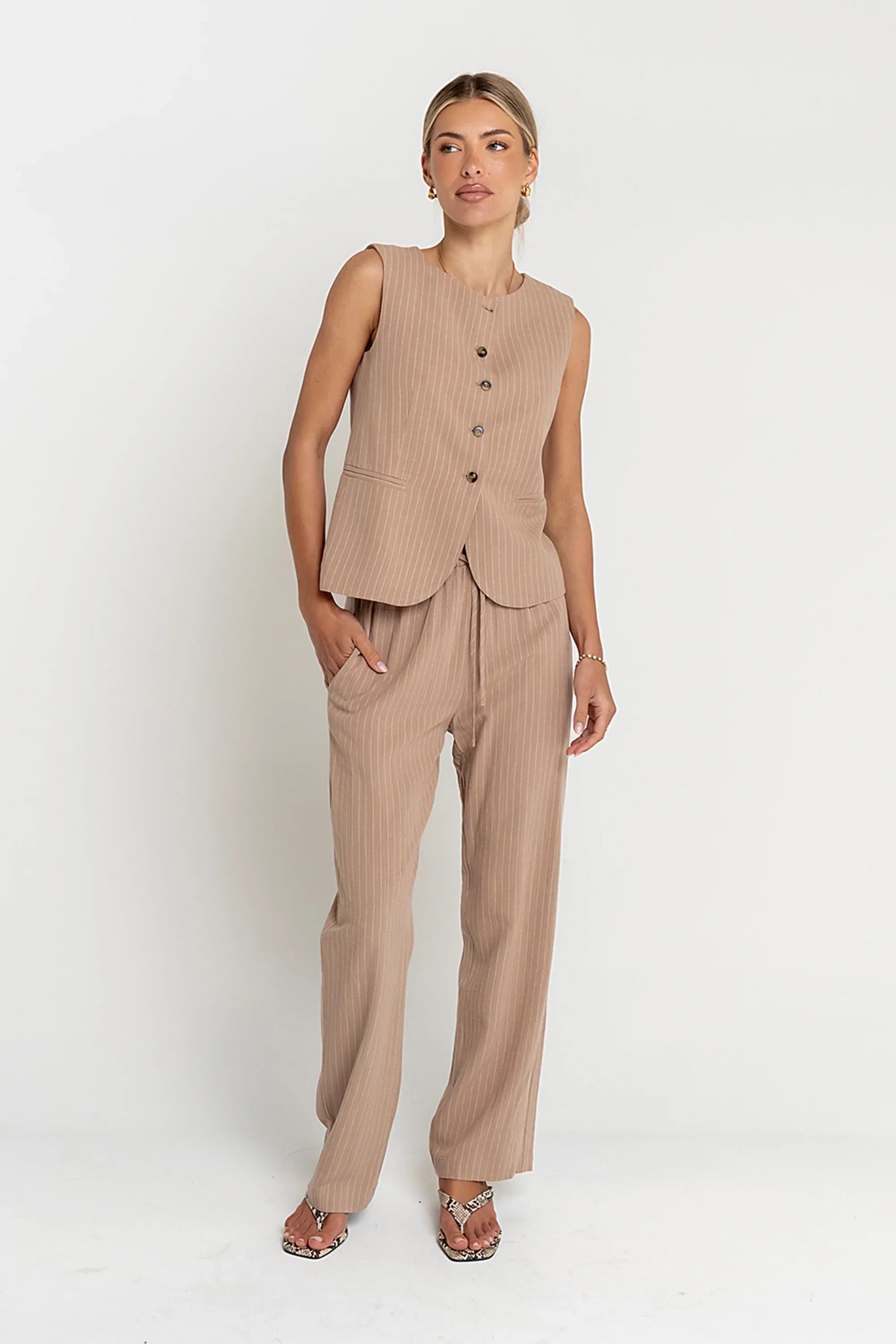 Vivienne Pinstripe Sleeveless Vest in Tan