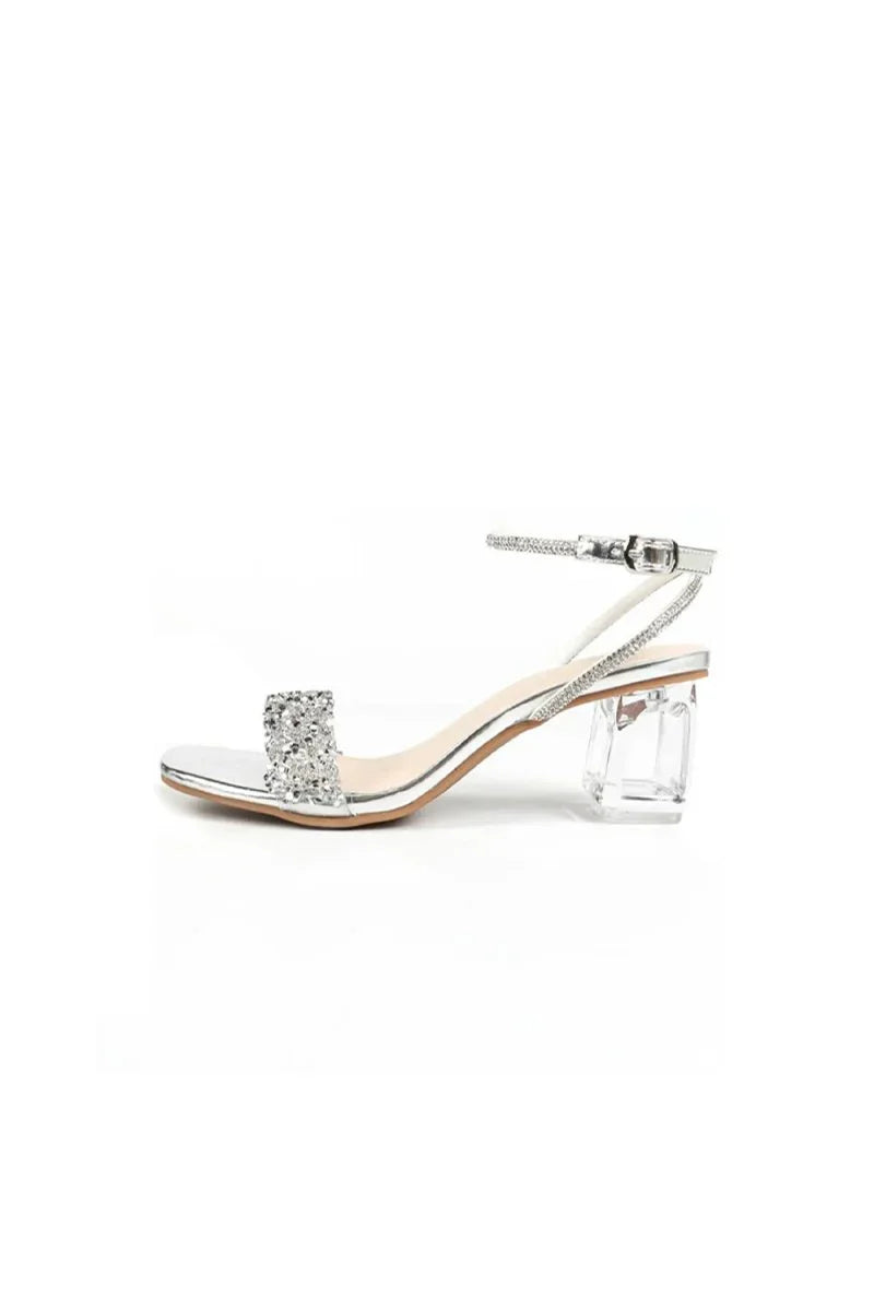 Silver Sequined Ankle Buckle Open Toe Chunky Heels