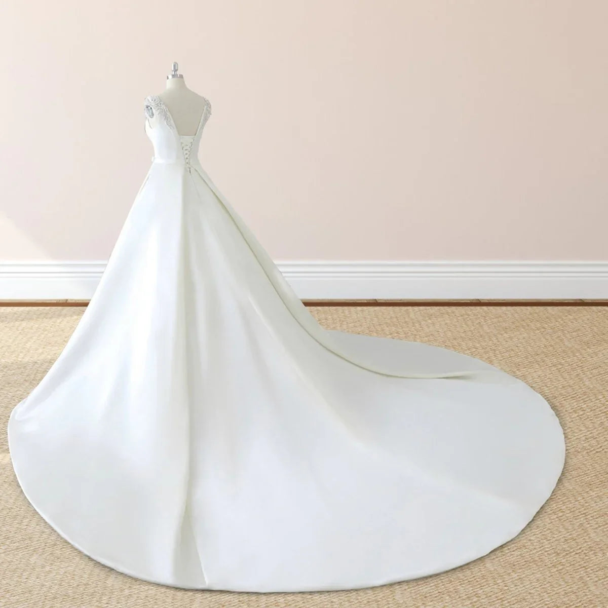 White Satin Cap Sleeve Lace Up Wedding Dress With Pearls