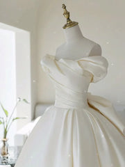 Simple A line Off The Shoulder Satin ivory Long Wedding Dress