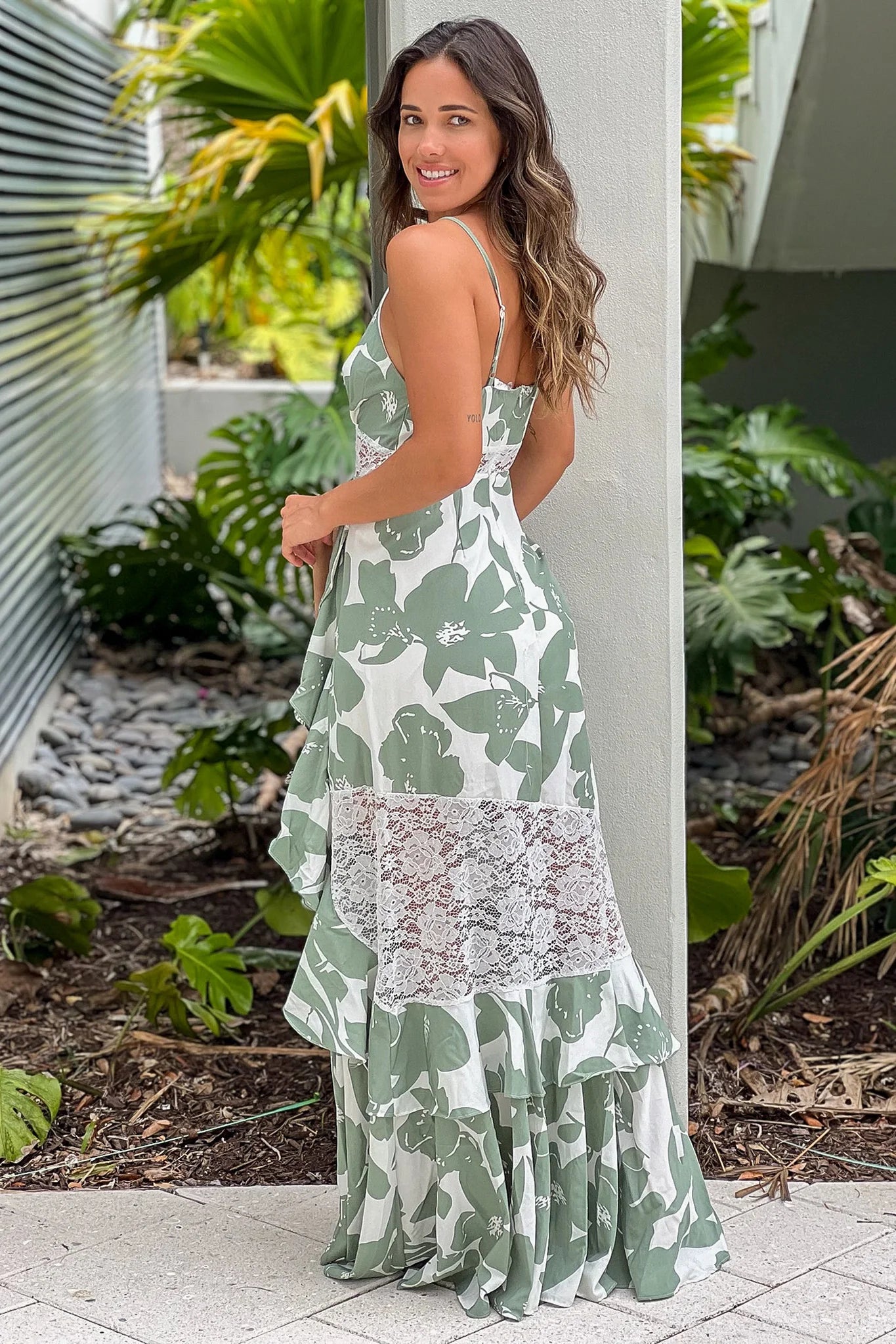 Mint Printed Maxi Dress With Lace Detail