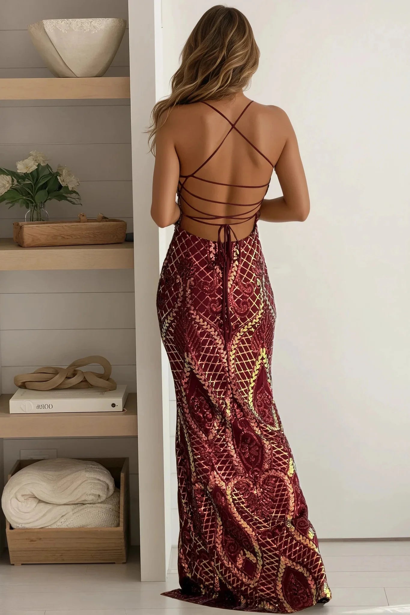Merlot Sequined Slit Mermaid Maxi Dress